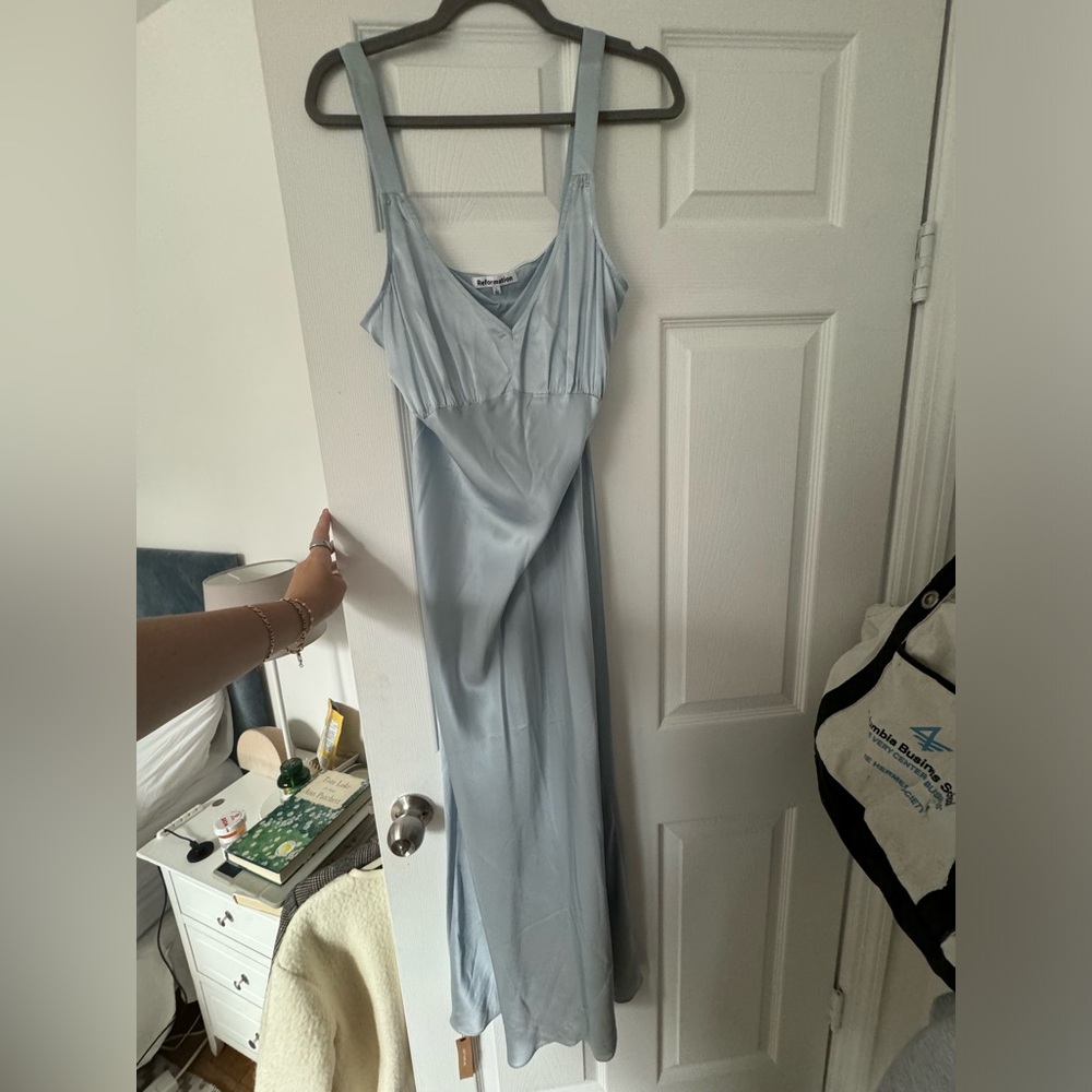 Never worn!! Tags on!! Reformation baby blue long silk dress size L